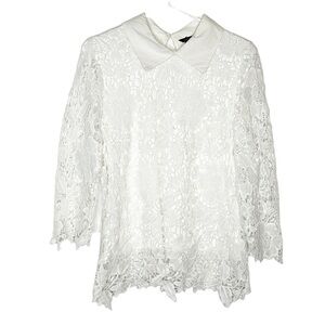 Anthropologie‎ Floryday White Crochet Layered Blouse with Collar Size Medium